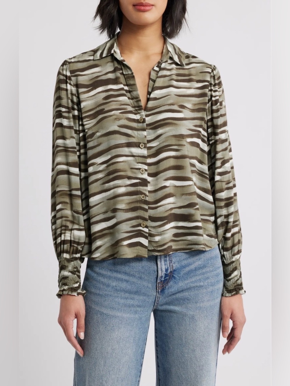 Cloth & Stone Green Brushed Zebra Print Button Down Rayon Blouse Size XS